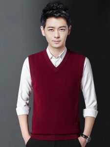 ROMON | Romon Mens Woolen Sweater Vest Winter Pure Wool Red Dragon Year Sleeveless Knitted Knitwear Fashion Urban Style Standard Fit