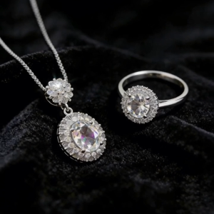 Vintage Style Clear Crystal Jewelry Set,Round Ring & Floral Pendant Necklace
