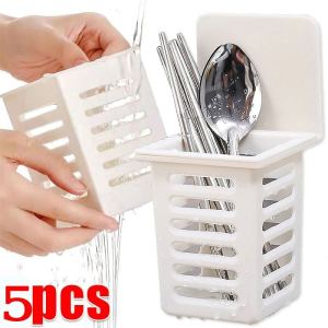 5pcs Wall Hanging Kitchen Chopsticks Cutlery Drain Basket / Wall-mounted Spoon Holder Tableware Baskets / Multifunctional Plastic Storage Rack