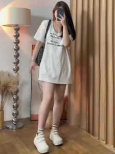 Áo Thun Nữ Dáng Rộng Cổ Chữ U Màu Trắng Mùa Hè Thường Ngày Dài Vừa Phải in Chữ Tay Ngắn Phong Cách Hàn Quốc