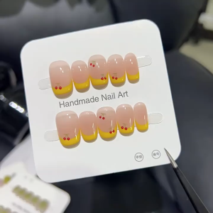 เล็บปลอม งานเจลแท้100% เชอรรี่เฟ้นปลายเหลืองพาสเทล ✔︎ไม่ลอก ✔︎ สวยเหมือนทำร้าน