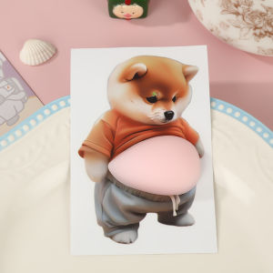 สติ๊กเกอร์หน้าท้องสุนัขชิบะอินุ 3 มิติ – ลูกสุนัขน่ารักในชุดสีส้มพร้อมพื้นหลังสีชมพูอ่อน ซิลิโคนมีกาวในตัว (สติ๊กเกอร์)