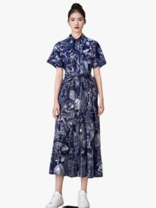 Retro Summer Dress 2024 New Arrival High-End Feeling Floral Print Mid-Length Waist Tied Dress in Royal Blue Polyester Fiber