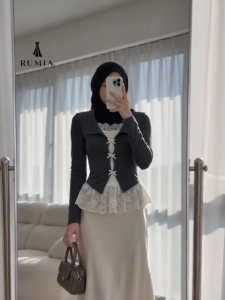 RUMIA Women Fake Two Piece Lace Bow Long Sleeve Top Korean Style Slim Fit Elegant Blouse Casual Fashion Shirt White Black Grey Ready stock kemeja wanita