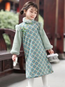 Thickened Long Sleeve Childrens Cheongsam Style Dress Girls Hanfu Renovated Dress Baby Girls Traditional Chinese Costume