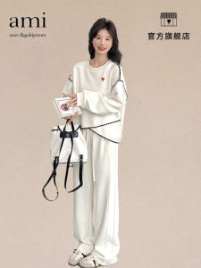 Aminers Ladies White Sportswear Set Spring Design Sense Sweatshirt Wide Leg Pants Two Piece Anti Aging Commute Style Long Sleeve