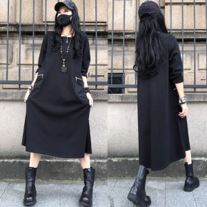 Casual Black Midi Dress European Style Loose Fitting Autumn Wear Knee-Length A-Line Skirt High Waist Long Sleeve round Neck
