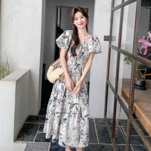 Summer 2024 Womens New One-Shoulder Slimming Lantern Sleeve Floral Print Dress Chinese Style Polyester A-Line Midi Dress