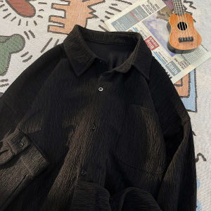 Men Ice Silk Shirt Summer Ruched Texture Stripes Drape Long Sleeves Trendy Fancy Shirt Sun Protection Outwear