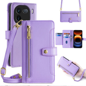 Leather Wallet Style Phone Case for iQOO12 13 VIVO Love Cool 11s Full Cover Lens 10 Flip Cover Strap Mens Crossbody Anti-Fall