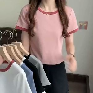 ABC BJ284 Baju Wanita Atasan Round Neck Short Sleeve Contrast Colour T-Shirt Kaos Wanita Lengan Pendek Termurah