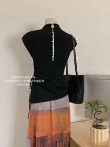 Váy Lưới Nửa Thân Mùa Hè Mát Mẻ Màu Sắc Thắt Nơ Cổ Điển Cạp Cao Dài Cho Nữ Bộ Hai Mảnh Áo Không Tay