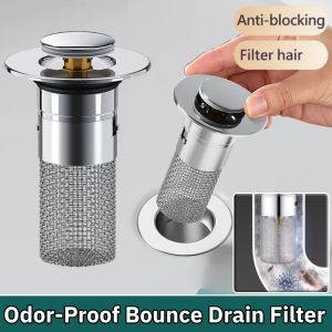 New Stainless Steel Odor-Proof Bounce Drain Filter Hair Catcher Bathroom Kitchen Sink Anti-clogging Filter Plug Insect Repellent