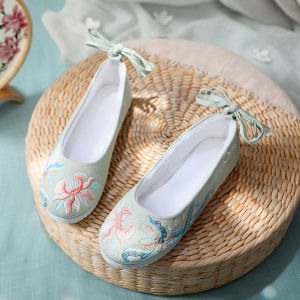 Embroidered Breeze Antique Style Spring Flat Shoes for Han Chinese Clothing Versatile Embroidery Female Cloth Shoes Strong Cloth Soles Lace-up Student Performance Bow Shoes