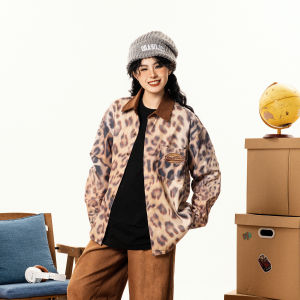 เสื้อเชิ้ตแขนยาวทรงหลวมสไตล์อเมริกันย้อนยุคสำหรับผู้ชายและผู้หญิง ลายเสือดาว แฟชั่นฤดูใบไม้ร่วง เสื้อเชิ้ตผู้หญิง