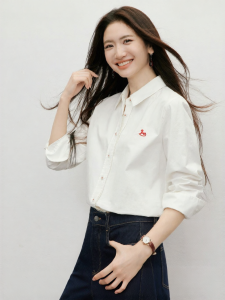 HOPESHOW | Cotton New Style Color Block Embroidery Straight Shoulder Long Sleeve Collar Womens Shirt