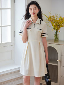 WANGGONGZHU | Princess Style Polo Collar Midi Dress Women Summer Short Sleeve Color Block A-Line Skirt Korean Fashion Commute Zipper Waist