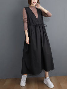 ชุดเดรสยาวแขนกุดทรงเอสีพื้นสไตล์เกาหลีสำหรับผู้หญิงไซส์ใหญ่ ทรงหลวม ทรงเข้ารูป ชุดเดรสฤดูใบไม้ร่วง/ฤดูหนาว