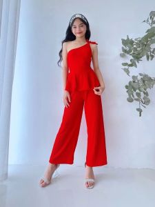 Girls One Shoulder Peplum Pants Set 7-10 Years Old | Kids Wide Leg Two Piece Outfit