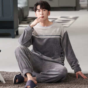 Plandoo Mens Winter Pajamas Thickened Coral Fleece Lined Home Clothes Set Warm Long Sleeve round Neck Sleepwear for Youth