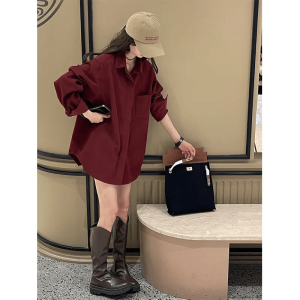 Wine Red Long Sleeve Corduroy Shirt Womens Outerwear Casual Loose Fit Pure Color Polo Collar Traditional Design Autumn Winter