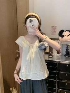Sweet Summer Embroidered Hollow out Shirt Womens Drawstring Doll Shirt with Puffy Sleeves Pleated Regular Fit Polyester Fiber