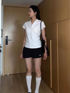 American Retro Polo Shirt Womens Short Sleeve T-Shirt Summer Design Slim Fit White V-Neck Casual Work Clothing