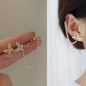 Korean Elegant Cute Rhinestone Butterfly Stud Earrings Girls Fashion Metal Pearl Chain Ear Clip Earring for Women Jewelry Long Tassel Ear Cuff