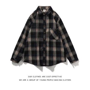 Spring Heavy Weight Woolen Shirt Mens Gingham Trendy Japanese Style Retro Couple Loose Easiest for Match Long Sleeve Shirt Coat