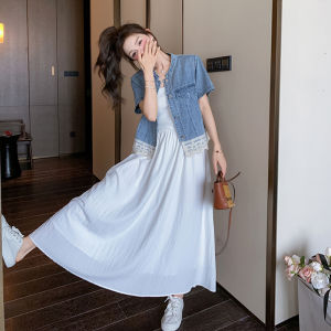 Fashionable Lace Denim Set Womens Summer New White Dress Two-Piece Set High Waist Commuter Korean Style Short Sleeve Long Dress