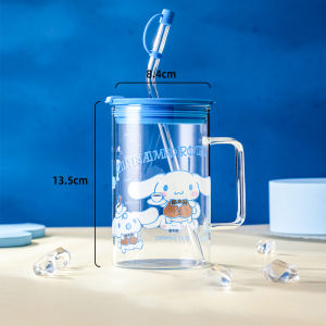 For Sanrio 600ML Straw Glass Mugs for Cinnamoroll& Kuromi Printing Home Transparent Water Cup with Scale Office Juice Milk Mug