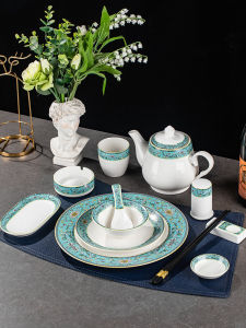 High-End Hotel Dining Table Setting Ceramic Enamel Color Bone Dish Wing Bowl Spoon Cup Fork Holder Four-Piece Set Restaurant