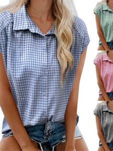 Womens Collared Checkered Short-Sleeved Top Button-Up Shirt Casual Loose Fit Polyester Cotton Blend Summer Polo Neck