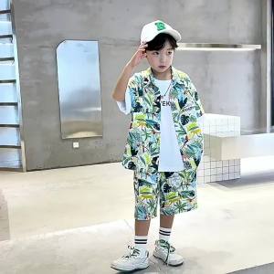 Summer 2in1 Terno Set for Kids Boys 5-16years Boys Suit Print Short Sleeve Shirt and Shorts Breathable Casual Outfit Summer Beach Wear Fashion Teenager Clothes Set Boys Manila Stock COD