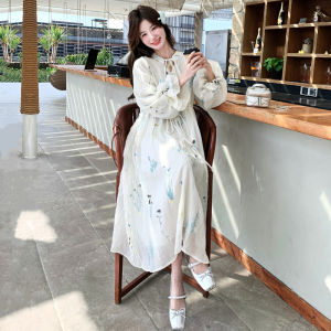 Elegant White French Style Long Sleeve Print Dress Womens Spring A-Line Skirt Slimming Waist Design Commute round Neck Dress