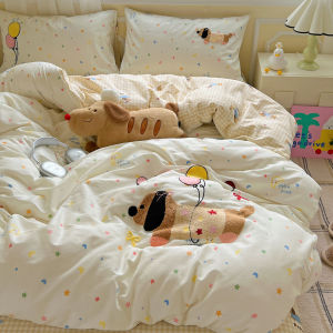 Cartoon Fresh Cotton Bedding Set 100% Pure Cotton Towel Embroidered Bed Sheet Cover Quilt Cover Three Piece Set Soft Comfortable