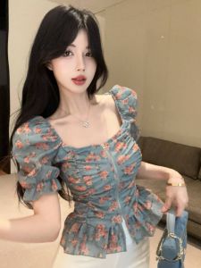 GUZILIAN | Retro Floral Print Square Collar Short Sleeve Slim Fit Shirt Women Summer French Style Bubble Sleeve Blouse Waist Cinched Short Length Top