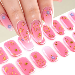 16Tips Wine Red Plaid Semi-Cured Gel Nail Stickers Gold Rose Heart Star Grid UV/LED Nails Wraps Festival Wedding Manicure Decals