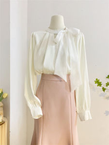 French Elegance Stand Collar Sash Butterfly Knot Silk Shirt Women Spring Design Long Sleeve Acetate Draping Sensation Top