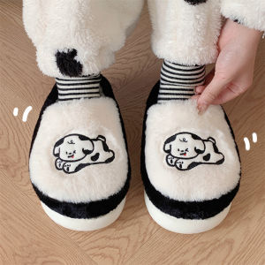Cute Couple Black White Dog Cotton Slippers Men Women Home Warmth Winter Low Heel Cozy Indoor Shoes Cartoon Style Home Slippers