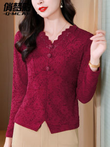 Red V-Neck Lace Base Shirt Womens Long Sleeve T-Shirt Design Sensation Slim Fit Top Korean Style Commute Pure Color Spring Autumn