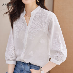 AMMIN 2023 summer new embroidered flowers hollow white shirt For women Korean style fashion temperament loose thin v-neck short-sleeved cotton lace Tops