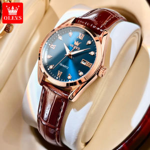 OLEVS jam tangan wanita dewasa 2024 terbaru anti air asli elegan mewah berlian dial korea style impor kulit jam tangan cewek aesthetic kalender bercahaya