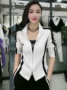 เสื้อสเวตเตอร์คอตั้งทรงสลิมฟิตสำหรับผู้หญิง ทรงหลวม แขนยาว ปกติ ฤดูใบไม้ผลิและฤดูใบไม้ร่วง แจ็คเก็ตสั้นแบบสวมหัว