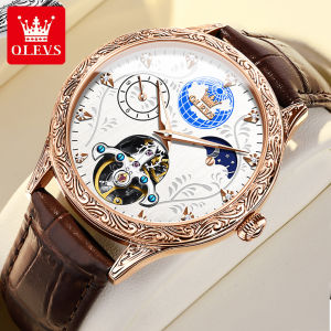 OLEVS Genuine Brand Mens Watch Waterproof 2026 New Luxury Fashion Casual Multifunctional Moon Phase Earth Automatic Mechanical Watch Diamond Hollow Luminous Leather Strap Watch Gift