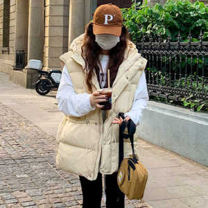 Thickened Warm down Cotton Vest Womens Outerwear Autumn Winter New Style Mid-Length Waist-Cinching Hooded Vest Jacket