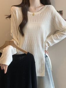 plus Size Knitted Top Women Loose Long Sleeve Bottoming T-Shirt Belly Covering Slimming Fashionable Casual Hollow out Design