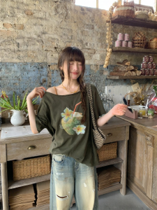 NIHAOKANONG | Áo Thun Tay Ngắn V-Neck In Hình Dừa