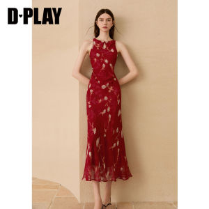 D-PLAY | Red Printed New Chinese Cheongsam with Drop Hollow Mermaid Long Dress