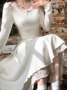 White Knitted Long Sleeve Dress Womens Inner Wear French Style Autumn Winter New Arrival Matching Coat with Stripe Pattern